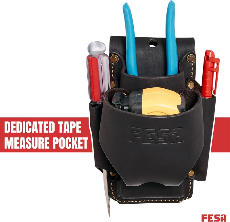 fesa Small Leather Tool Pouch - 4-in-1 Heavy Top Grain Leather Small Tool Pouch with a Tape Measure Holder, 3 Pockets & Reinforced Heavy Duty Rivets - Fits Belts up to 3" - Handcrafted - Image 3